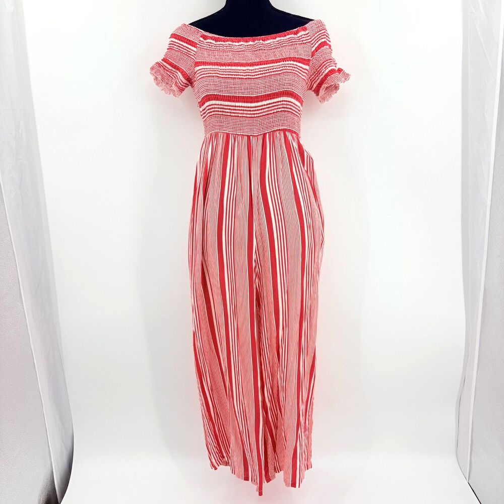 True Destiny Smocked Wide Leg Jumpsuit Medium Red Stripes Cottage Summer Boho